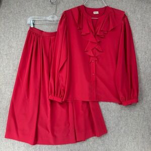VTG Dalton Red 100% Silk Dress Outfit Set Size 12 2 Piece Dress Skirt &‎ Blouse